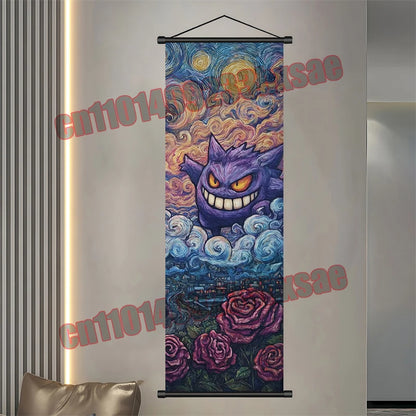 Pokémon Anime Wall Poster – Gengar Eevee Pikachu Scroll Painting Retro Canvas Artwork for Home Decor