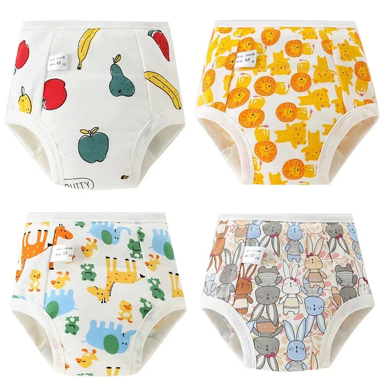 Culottes d'apprentissage de la propreté imperméables réutilisables (lot de 4) – Sous-vêtements d'entraînement en coton doux pour bébés garçons et filles avec protection anti-fuites