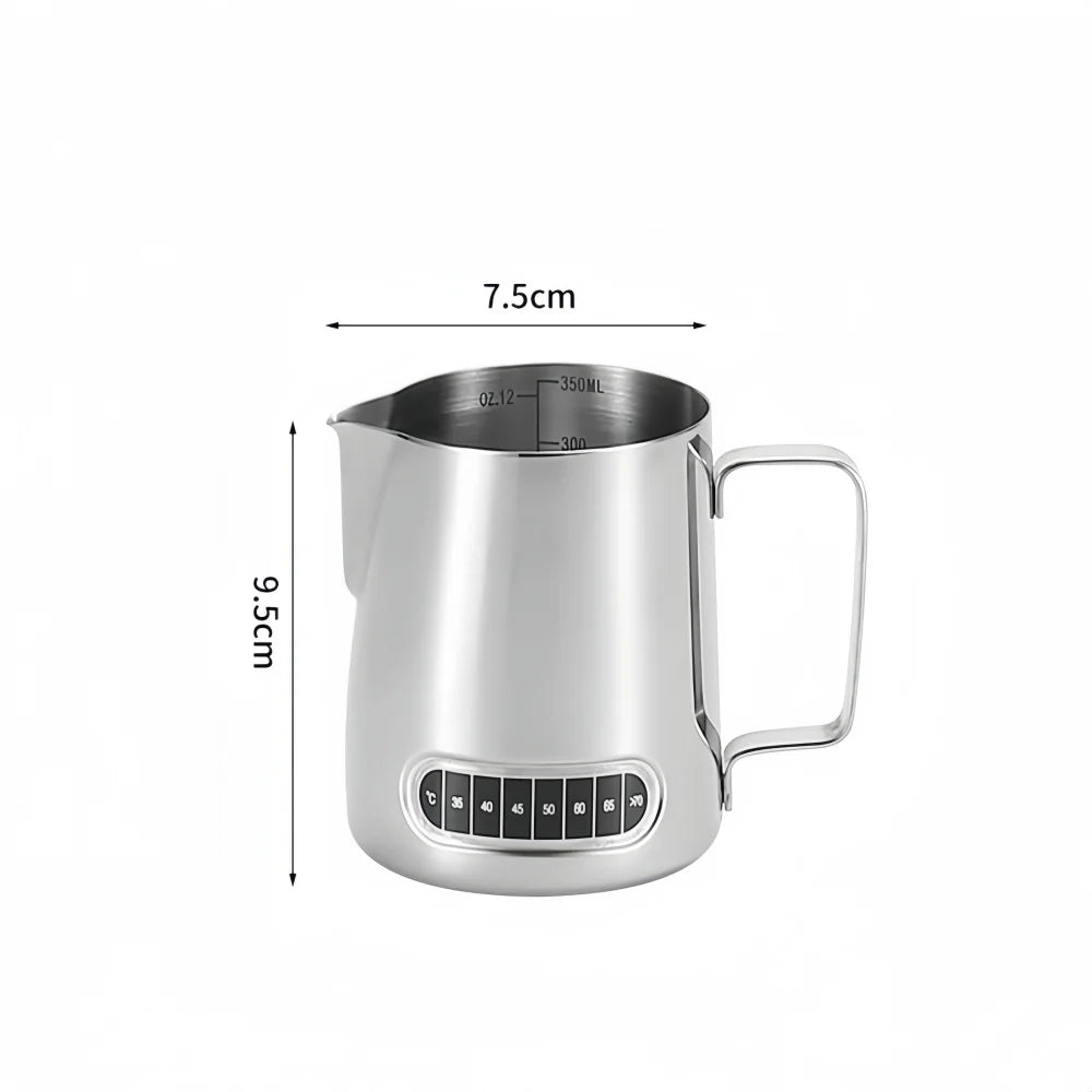 Jarra para espumar leche de café con indicador de temperatura - Jarra espumadora de leche de acero inoxidable con escala de medición para Latte Art y Espresso