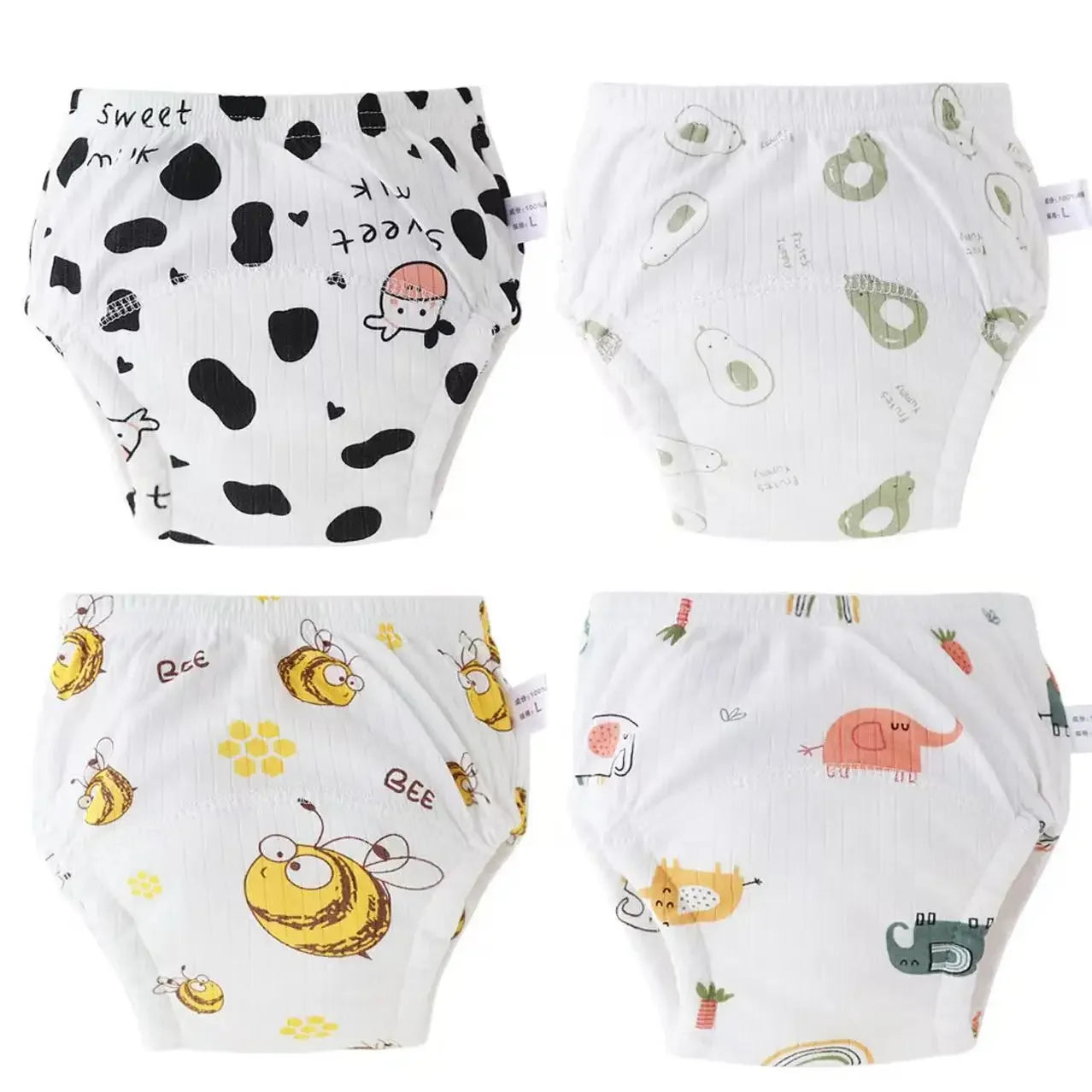 Culottes d'apprentissage de la propreté imperméables réutilisables (lot de 4) – Sous-vêtements d'entraînement en coton doux pour bébés garçons et filles avec protection anti-fuites
