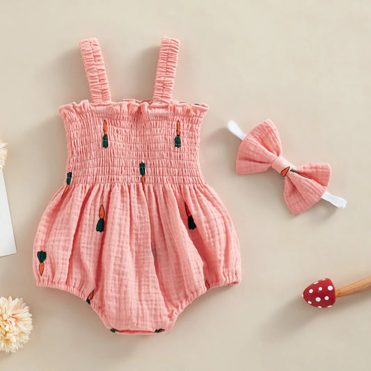 Pudcoco Conjunto de verano de 2 piezas para bebé niña, pelele estampado sin mangas con diadema, 0-18 meses