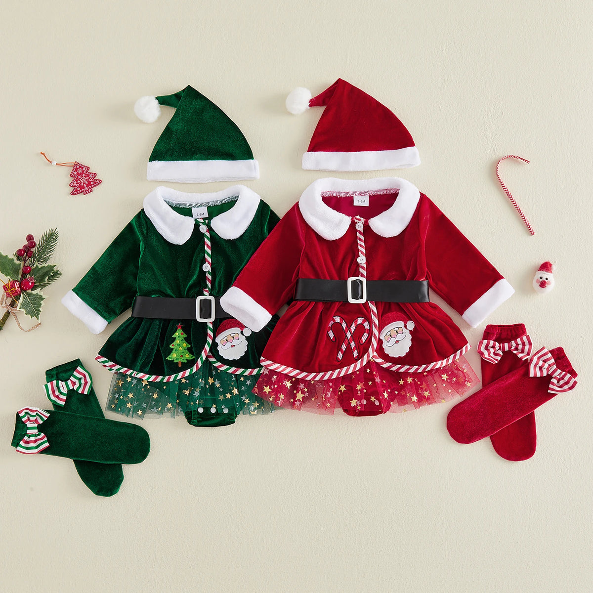 Baby Girls Christmas Santa Claus Costume Set, Princess Velvet Romper Dress with Embroidered Details, Belt, Santa Hat and Stockings, Festive Xmas Holiday Outfit for Christmas Parties and Photoshoots