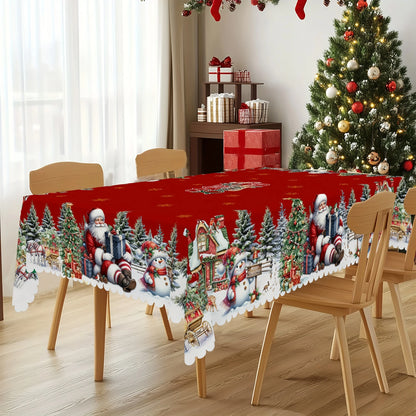 Christmas Santa Claus Snowman Tablecloth – Winter Snowflake Dining Table Cover for Kitchen, Home & Holiday Decor