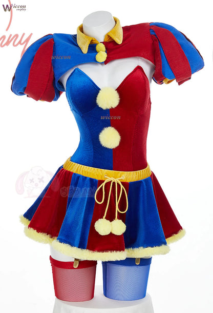 Clown Circus Cosplay Costume – Original Design Adult Set (Pomnii Wig, Hat, Velvet Skirt, Carnival/Christmas Outfit)