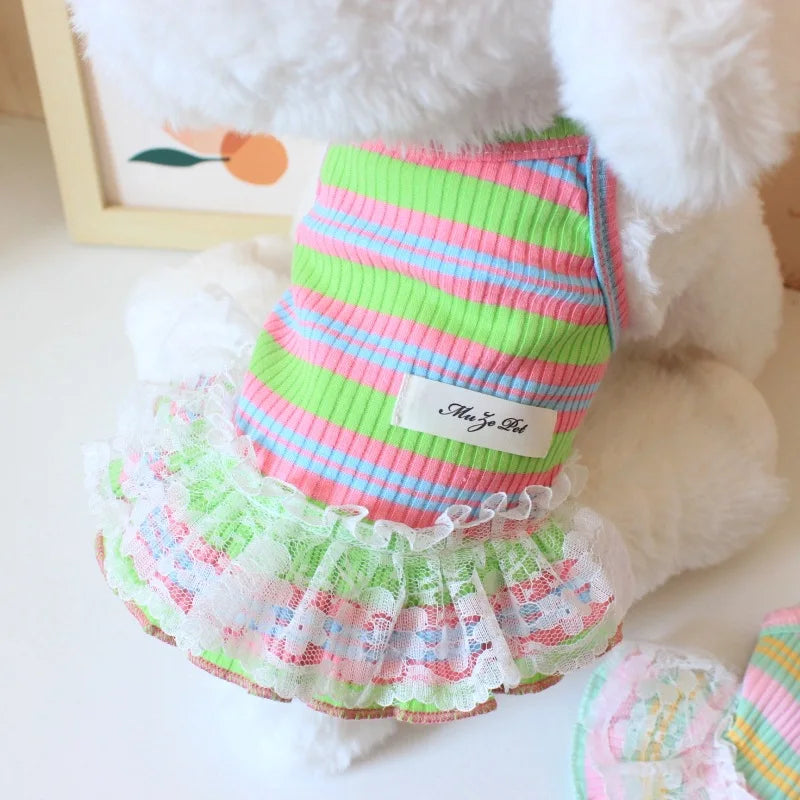 Vestido de verano para cachorros lindos para perros y gatos pequeños – Ropa de encaje a rayas para mascotas, camiseta y falda para perras Chihuahua, Yorkie, Bichon
