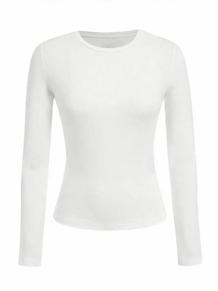 Women’s Long Sleeve T-Shirt Solid Color Polyester Knit Round Neck Regular Fit Fall Winter Top