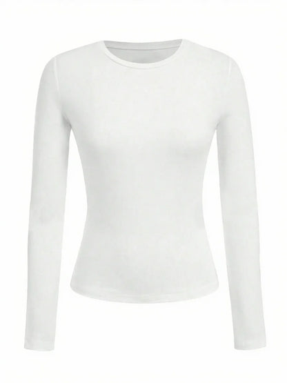 Women’s Long Sleeve T-Shirt Solid Color Polyester Knit Round Neck Regular Fit Fall Winter Top