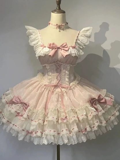 Vestido japonés Sweet Lolita Kawaii para mujer 2025, estampado de primavera, lazo, vestido falso de dos piezas, estilo coreano, ropa de fiesta