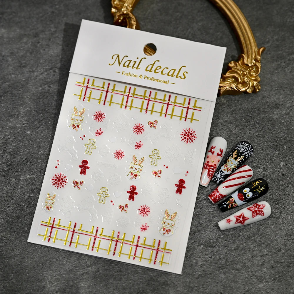 Christmas Nail Art Stickers – Red Glitter Snowflake, Elk & Snowman Self-Adhesive Holiday Manicure Decals (1–12pcs)