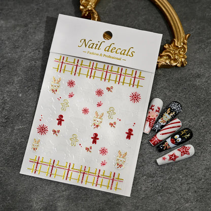 Christmas Nail Art Stickers – Red Glitter Snowflake, Elk & Snowman Self-Adhesive Holiday Manicure Decals (1–12pcs)