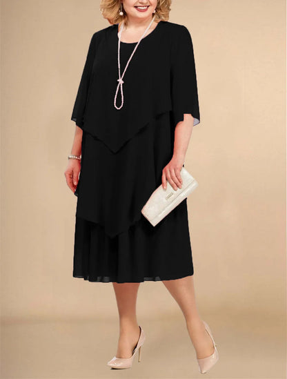 Plus Size Women's Chiffon Midi Dress – Elegant Irregular Layered Hem Flowy O-Neck Dress for Summer Parties & Weddings