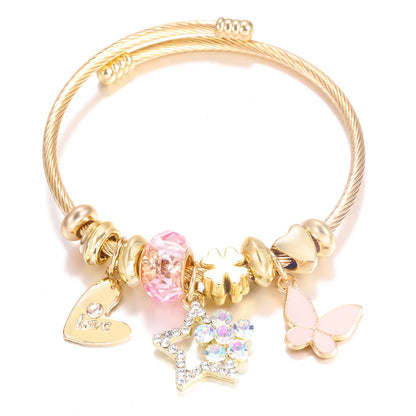 Pulsera con colgante de corazón y cuentas – Pulsera de abalorios de acero inoxidable de 4 colores para mujer | Regalo de joyería de moda dorada de tendencia