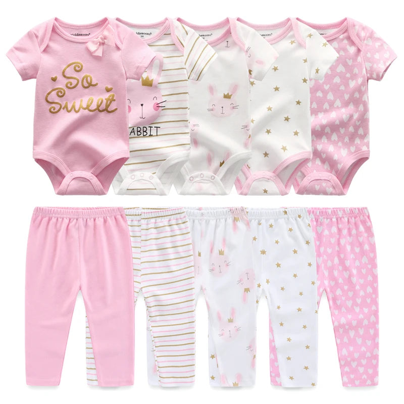Kiddiezoom 10PCS Baby Clothing Set – Unisex Newborn Bodysuits & Pants, Soft Four-Season Infant Outfit for Baby Boys & Girls