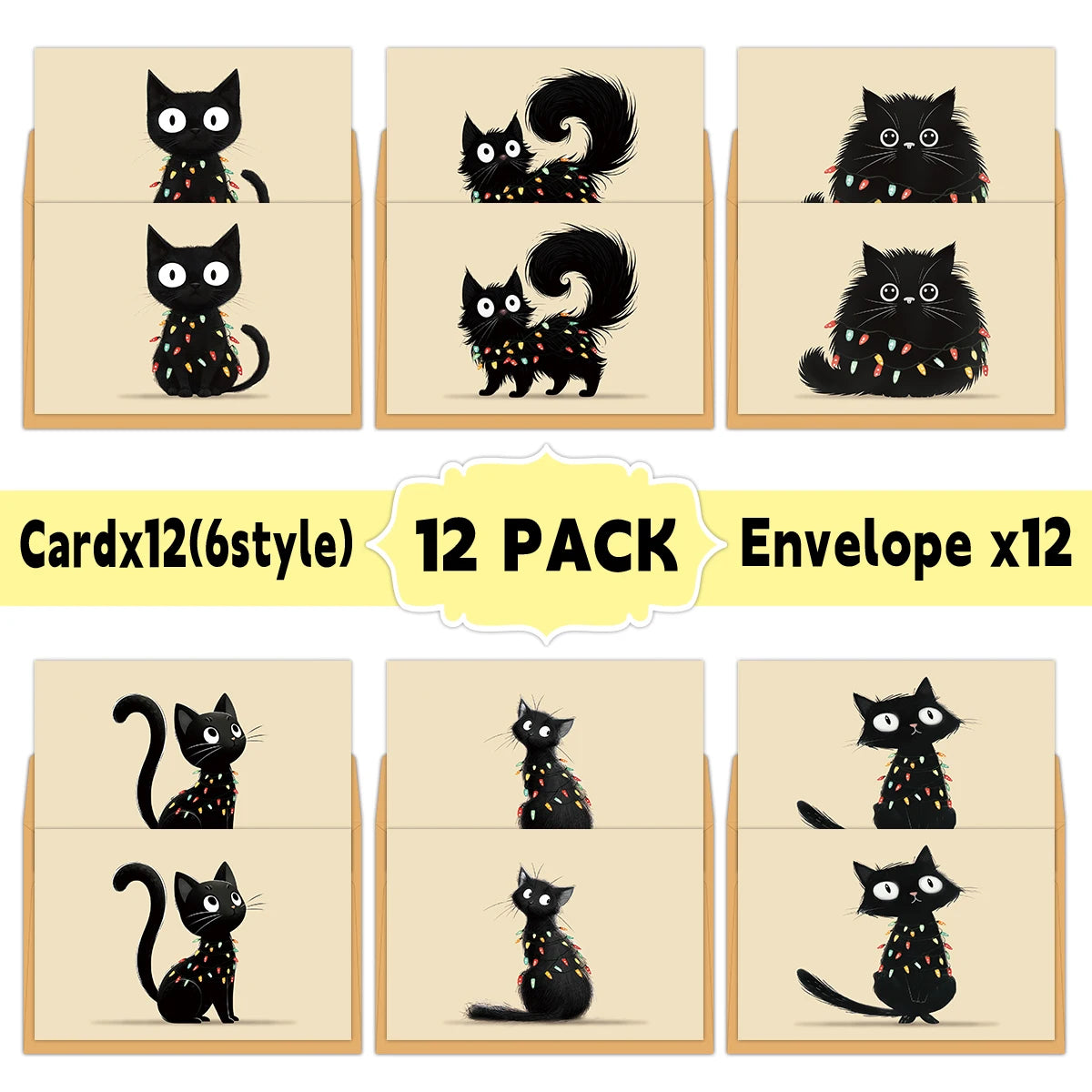 12PCS Christmas Black Cat Greeting Cards with Envelopes – Festive Holiday Stationery for Warm Wishes, Card Exchange & Party Decor