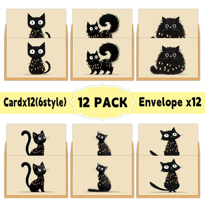 12PCS Christmas Black Cat Greeting Cards with Envelopes – Festive Holiday Stationery for Warm Wishes, Card Exchange & Party Decor
