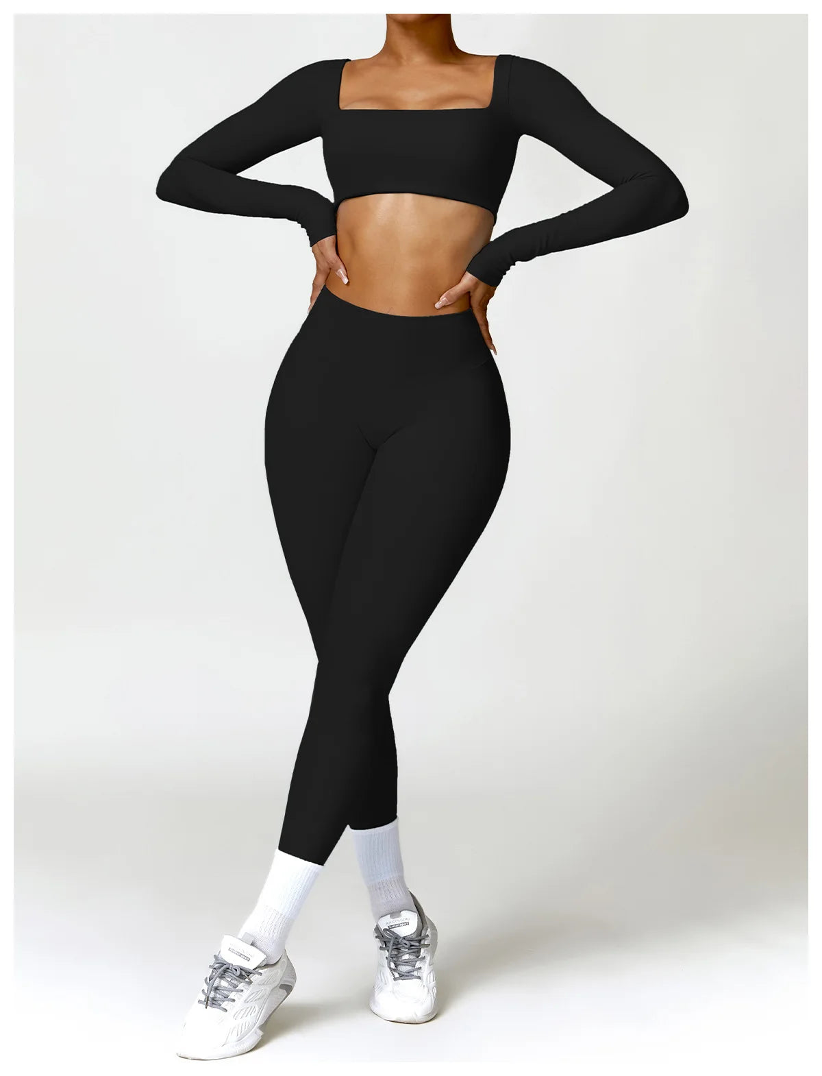 Women’s Square Neck Sports Crop Top – Long Sleeve Quick-Dry Gym Yoga Fitness Activewear