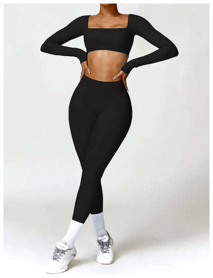 Women’s Square Neck Sports Crop Top – Long Sleeve Quick-Dry Gym Yoga Fitness Activewear