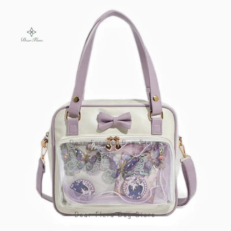 Bolso Y2K lindo con moño Ita – Bolso de hombro transparente para mujer y niña, bolso tote de exhibición de insignias DIY, bolso bandolera de moda Lolita con diseño de moño Kawaii
