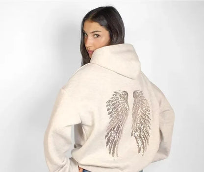 Women’s Y2K Wings Beaded Sequin Hoodie 2026 – Oversized Fleece-Lined Casual Pullover Sweatshirt, Fashion Streetwear Top