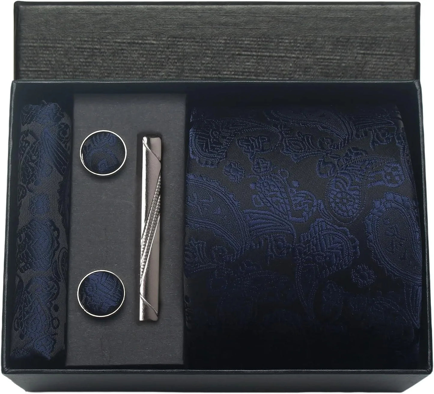 Corbata de seda 100% con diseño floral de Paisley para hombre con pañuelo de bolsillo, pasador de corbata y gemelos en caja de regalo