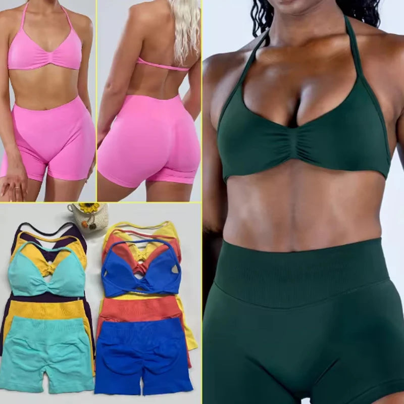 Women’s Seamless Yoga Set – 2PCS Strappy Sports Bra & High Waist Scrunch Shorts Gym Workout Outfit