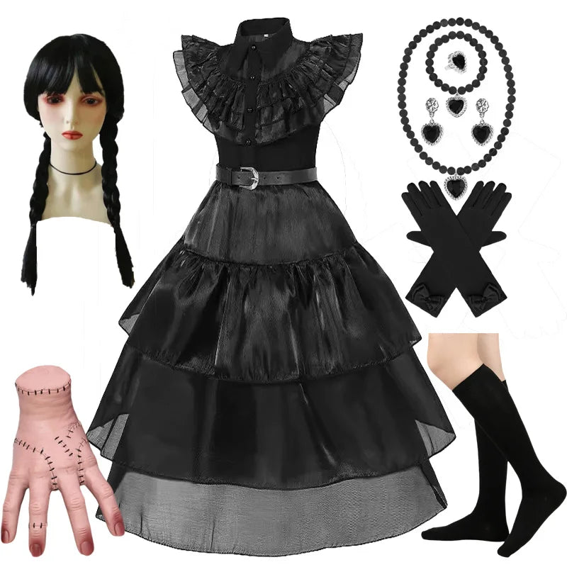 Girls Halloween Cosplay Costume – Black Gothic Fancy Dress Up Outfit (Kids Carnival Costume)