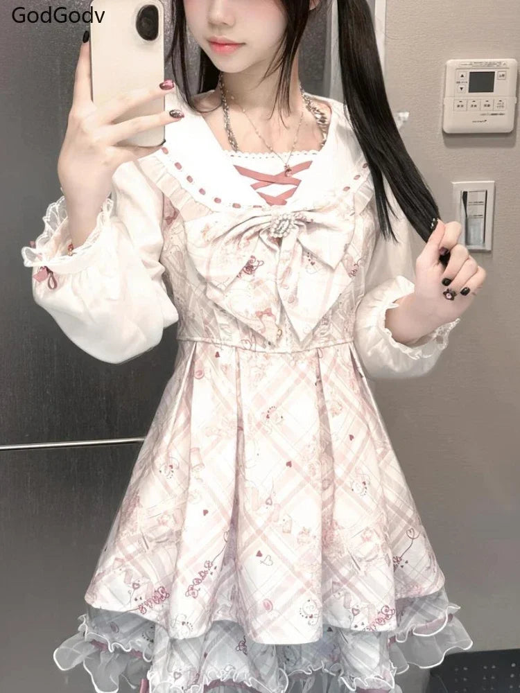Vestido japonés Sweet Lolita Kawaii para mujer 2025, estampado de primavera, lazo, vestido falso de dos piezas, estilo coreano, ropa de fiesta
