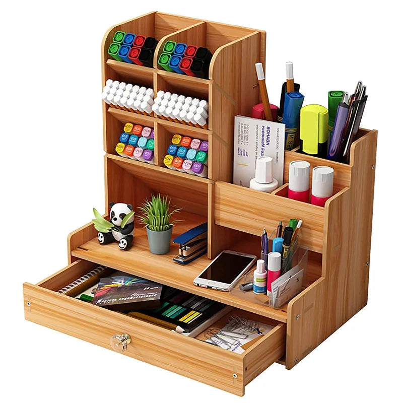 Organizador de escritorio de madera – Caja de almacenamiento de bricolaje para escritorio con cajón, portalápices de gran capacidad para organización de papelería de oficina, escuela y hogar