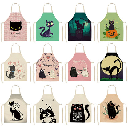Cute Cartoon Cat Kitchen Apron – Linen Baking & Cooking Apron for Women, Men & Kids, Kitchen Accessories