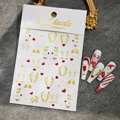 Christmas Nail Art Stickers – Red Glitter Snowflake, Elk & Snowman Self-Adhesive Holiday Manicure Decals (1–12pcs)