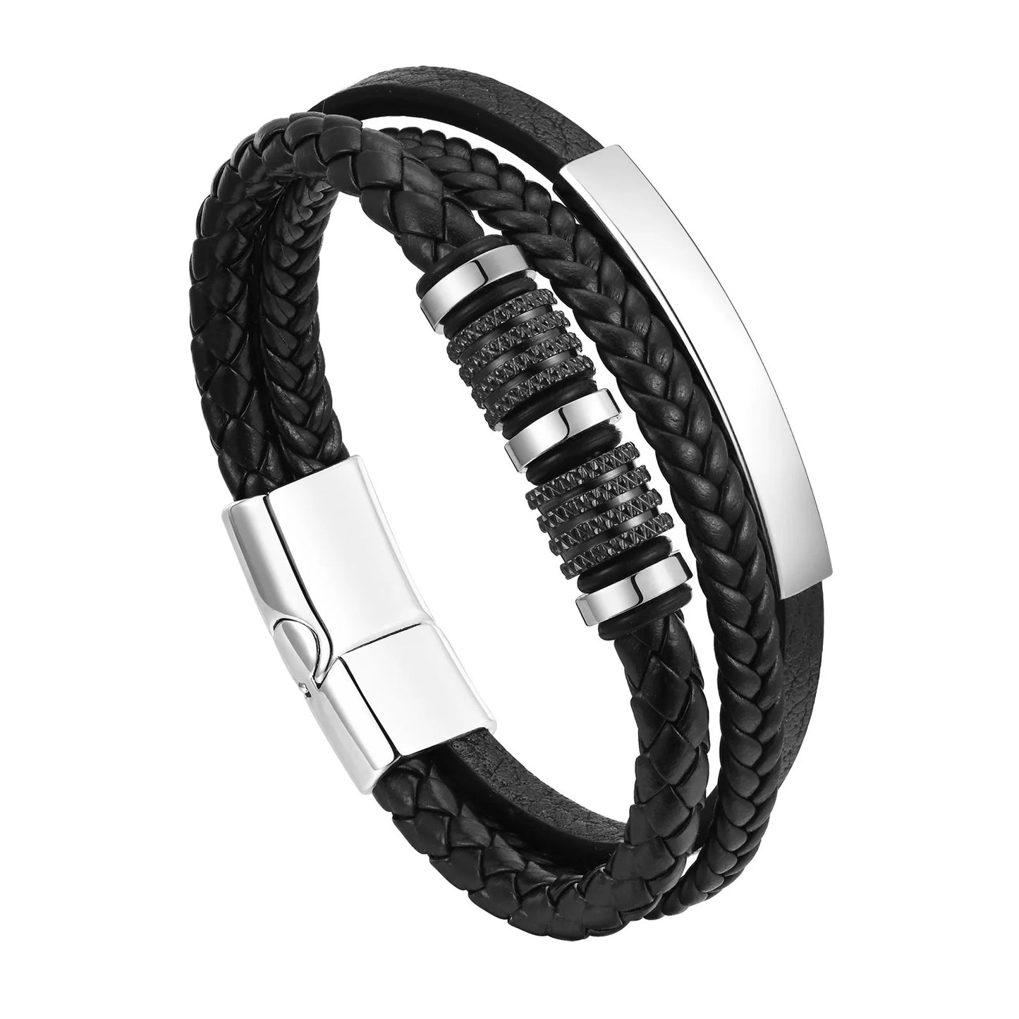 Vnox Personalized Braided Leather Bracelet for Men – Custom Name Engraved Triple Woven PU Leather Wristband | Handmade Gift Jewelry