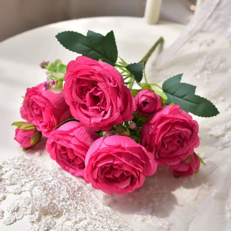 30cm Pink Silk Peony Rose Bouquet – Artificial Flower Arrangement with 5 Large Blooms & 4 Buds, Realistic Faux Floral Bouquet for Wedding, Bridal Décor, Home Decoration & DIY Crafts