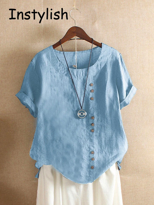 Camiseta Vintage Harajuku con Botones para Mujer Verano Manga Corta Algodón Lino Holgada Oversize Blusa Lisa Ropa de Calle