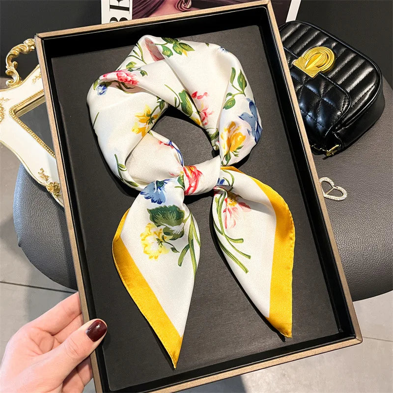2024 Lujosa Bufanda Cuadrada de Seda de 70cm para Mujer con Estampado Floral, Pañuelo de Diseñador, Fular, Chal, Hiyab, Diadema, Lazos