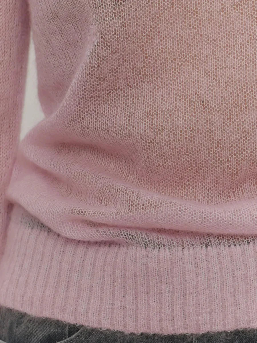 Women’s Classic Mohair Knitted Sweater Top Spring Summer Loose O-Neck Micro Sheer Cool Knit Shirt