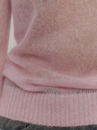 Women’s Classic Mohair Knitted Sweater Top Spring Summer Loose O-Neck Micro Sheer Cool Knit Shirt