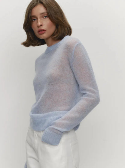 Women’s Classic Mohair Knitted Sweater Top Spring Summer Loose O-Neck Micro Sheer Cool Knit Shirt