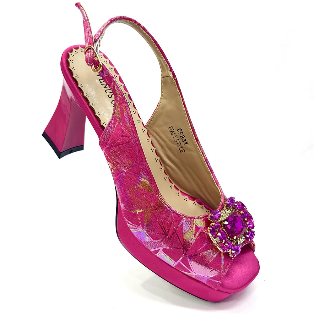 Elegant Women’s Fuchsia Peep Toe Heels & Matching Bag Set – Rhinestone Italian-Style Sandals for Parties, Weddings & Special Occasions