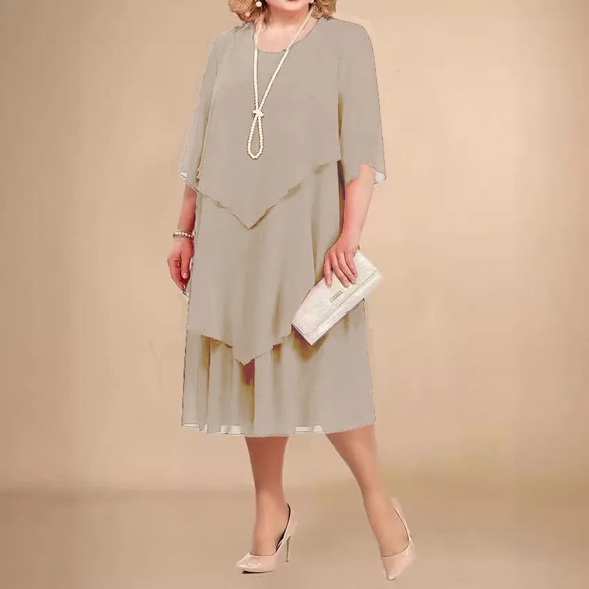 Plus Size Women's Chiffon Midi Dress – Elegant Irregular Layered Hem Flowy O-Neck Dress for Summer Parties & Weddings