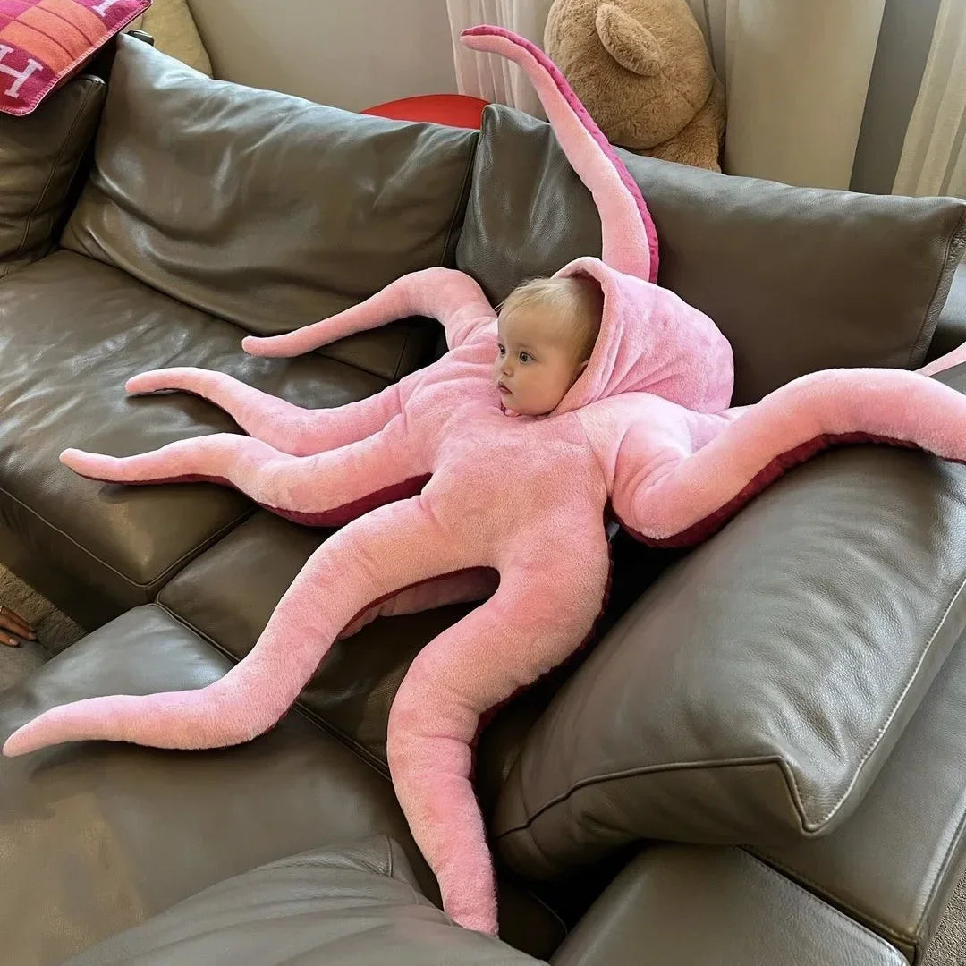 2026 Cute Giant Dinosaur Octopus Baby Costume – Funny Pink Kigurumi Hooded Romper & Plush Jumpsuit for Halloween, Christmas & Role Play