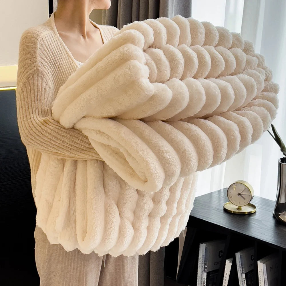 Soft Fluffy Throw Blanket – 250 GSM Warm Striped Blanket for Bed, Sofa & Couch
