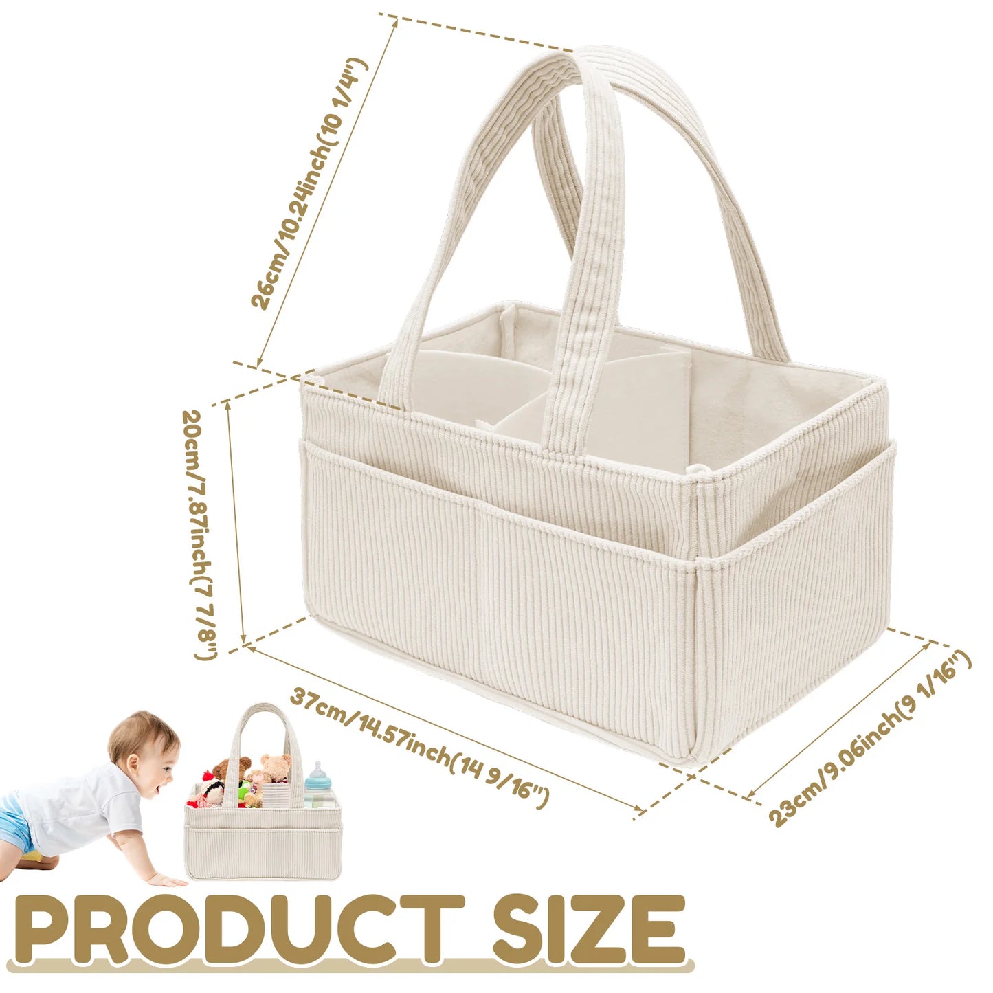 Panier de rangement pliable en velours côtelé avec poignées pour couches, essentiels et accessoires de nouveau-né