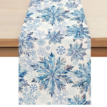 1PC Blue Snowflake Christmas Table Runner – Festive Winter Table Decor with Snowflakes & Pine Branches for Xmas Holiday Home