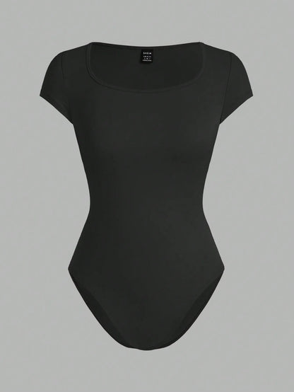Women Square Neck Short Sleeve Bodysuit – Solid Color Slim Fit Casual One-Piece Top for Daily Wear & Layering