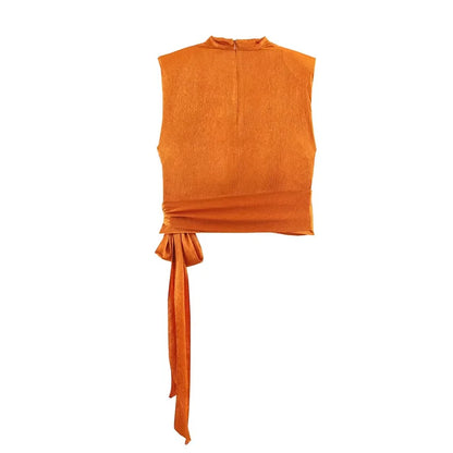 Women’s 2026 Spring Orange Sleeveless Satin Top Long Ribbon Elegant Stylish Fashion Blouse