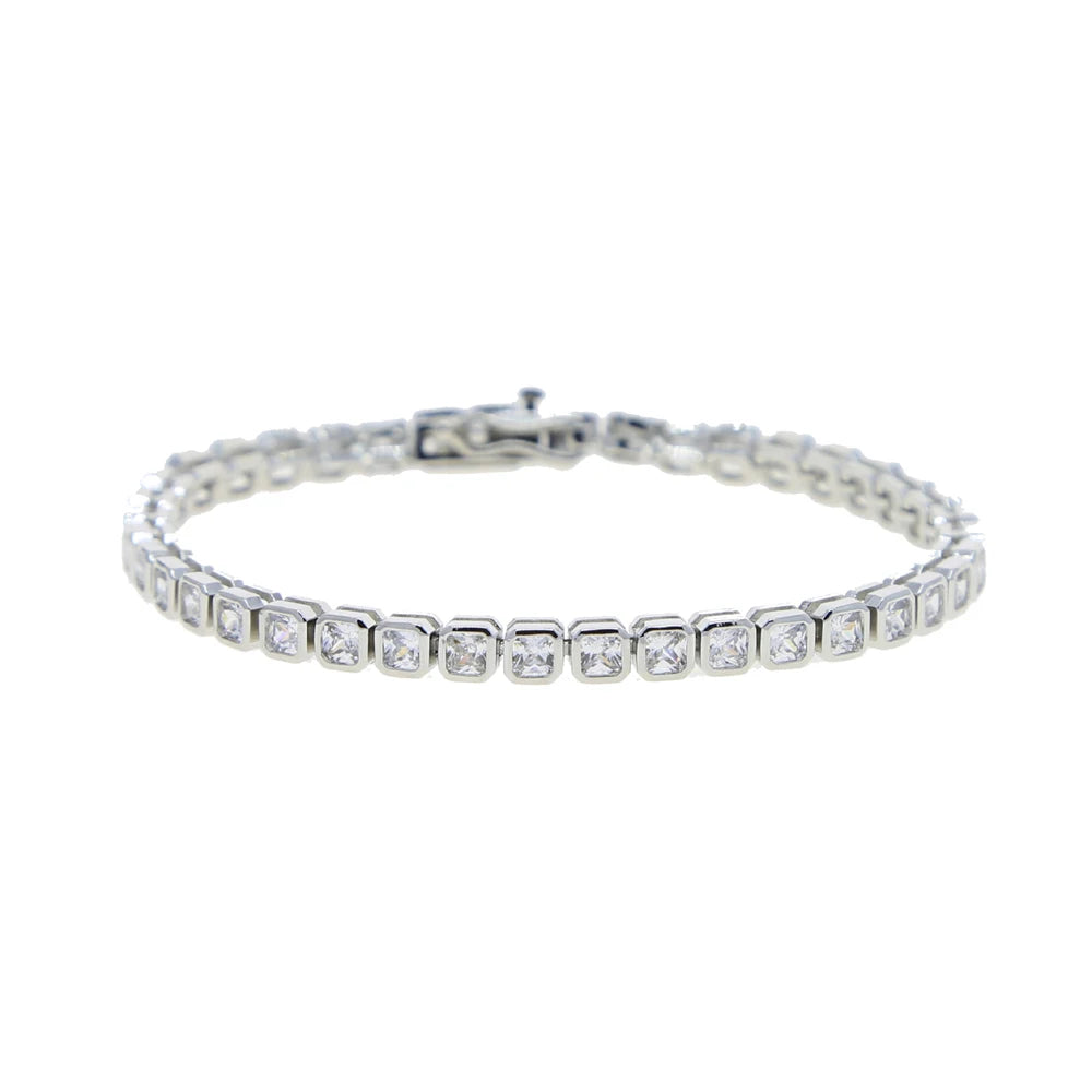 Pulsera de tenis 5A CZ – Pulsera geométrica de cristal de circonita cúbica con bisel para mujer | Joyería de moda clásica de lujo