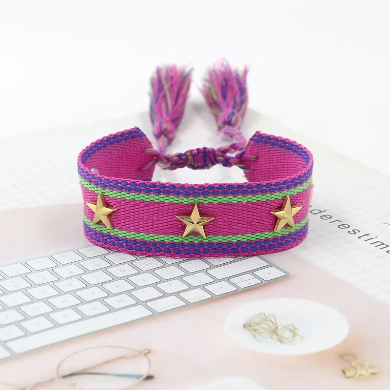 Bohemian Star Tassel Bracelet – Handmade Woven Alloy Gold Rivet Wrist Strap for Women | Ethnic Fashion Jewelry Gift