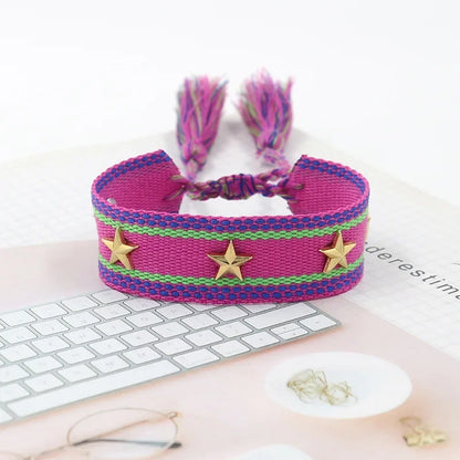 Bohemian Star Tassel Bracelet – Handmade Woven Alloy Gold Rivet Wrist Strap for Women | Ethnic Fashion Jewelry Gift