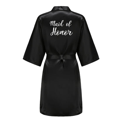 Women’s Black Satin Robe – Silky Kimono Bridal Wedding Bridesmaid Loungewear Dressing Gown