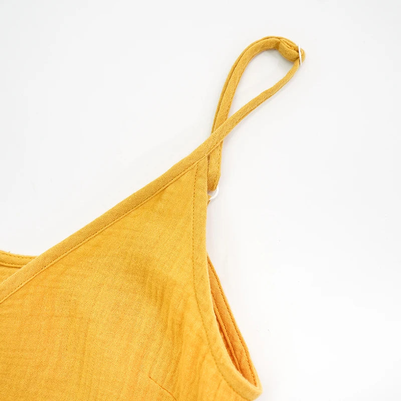 Vintage Women's Maxi Dress 100% Cotton Crepe Gauze V-Neck Sleeveless Bandage Long Elegant Summer Dress